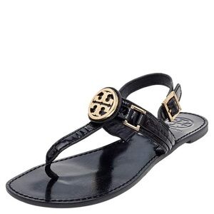 Tory Burch Black Patent Leather T Strap Flat